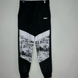 Sacred Crown sweat pants Men M black white Pattern elastic Ribbed Cuffs